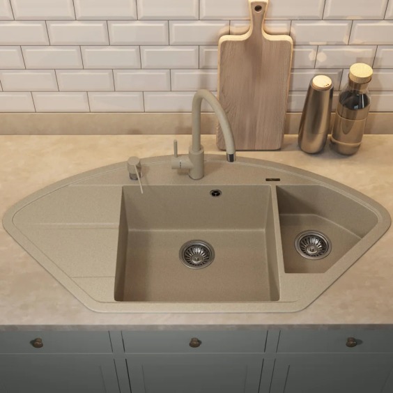 Кухонная мойка кварцевая Uperwood Quartz UPD-06-02, угловая двухсекционная, бежевый #5