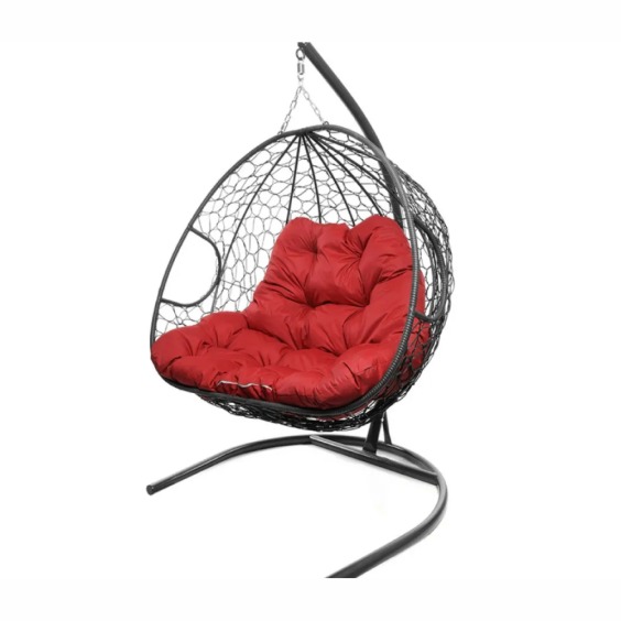 Подвесное кресло для двоих с ротангом серое, красная подушка #2