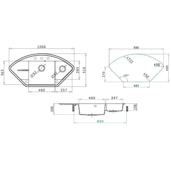 Кухонная мойка кварцевая Uperwood Quartz UPD-06-04, угловая двухсекционная, черная #8