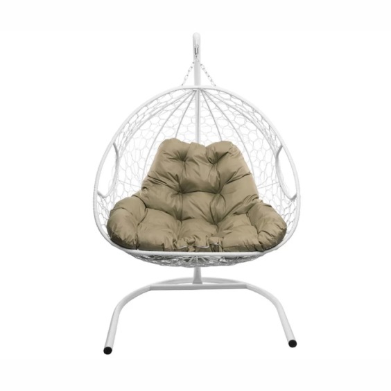 Подвесное кресло для двоих с ротангом белое, бежевая подушка #1 Подвесное кресло для двоих с ротангом белое, бежевая подушка #1