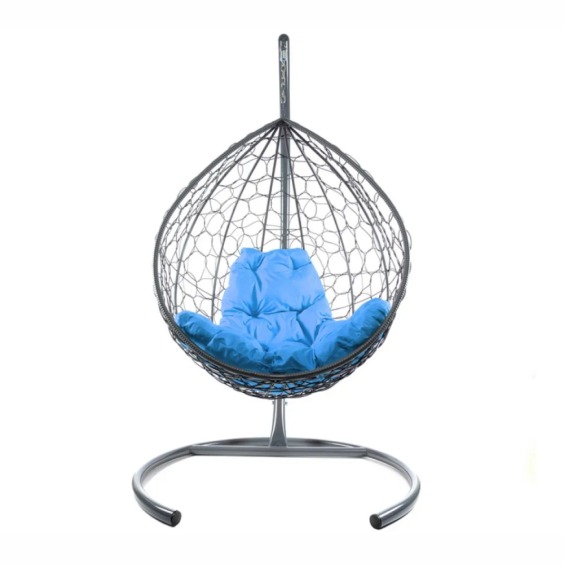 Комплект подвесное кресло Капля с ротангом серое, голубая подушка #2