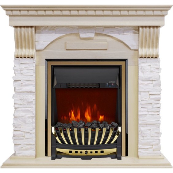 Каминокомплект Dublin - Слоновая кость с патиной / Сланец крем с очагом Aspen Gold #1