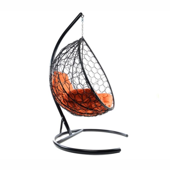 Комплект подвесное кресло Капля с ротангом черное, оранжевая подушка #2