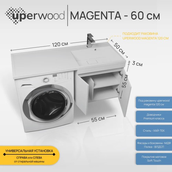 Тумба под стиральную машину подвесная Uperwood Magenta 55х50х55 см, белая, с дверцами #4