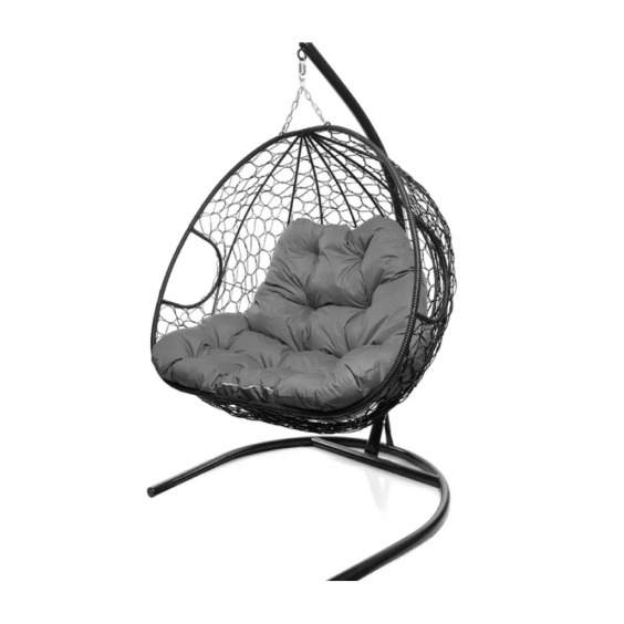 Подвесное кресло для двоих с ротангом черное, серая подушка #2 Подвесное кресло для двоих с ротангом черное, серая подушка #2