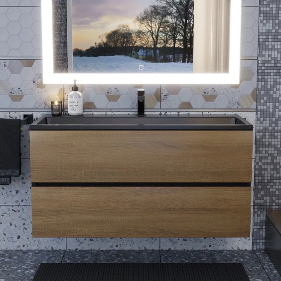 Тумба с раковиной для ванной подвесная Uperwood Barsa 100х45х57 см, черная/дуб сонома, раковина черный глянец #4