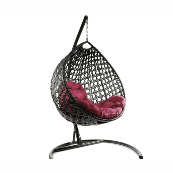 Комплект подвесное кресло Капля Люкс с ротангом коричневое, бордовая подушка #2